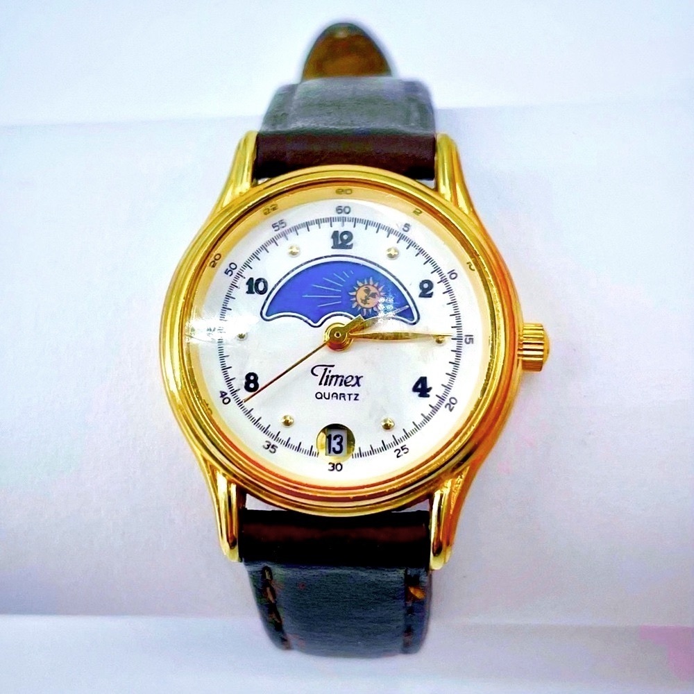 Vintage Timex Sun & Moon Phase Day Date Complication Gold Plated Women’s Watch